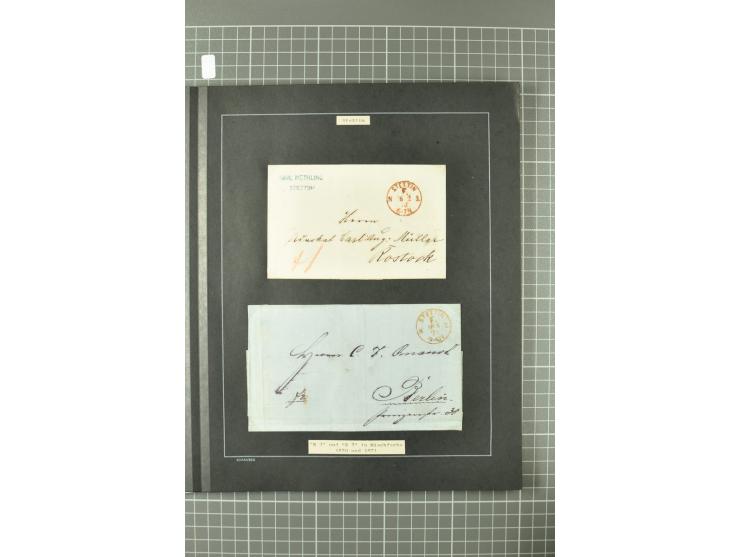 1867/77, FRANCO-Stempel Aachen bis Thorn, umfangreiche Sammlung mit ca. 350 Briefen und Karten in 3 Alben, dabei Teilbarfrank