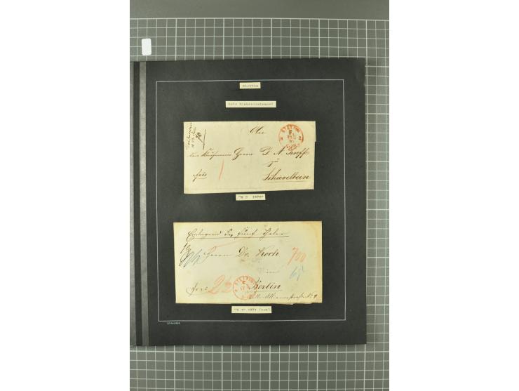 1867/77, FRANCO-Stempel Aachen bis Thorn, umfangreiche Sammlung mit ca. 350 Briefen und Karten in 3 Alben, dabei Teilbarfrank