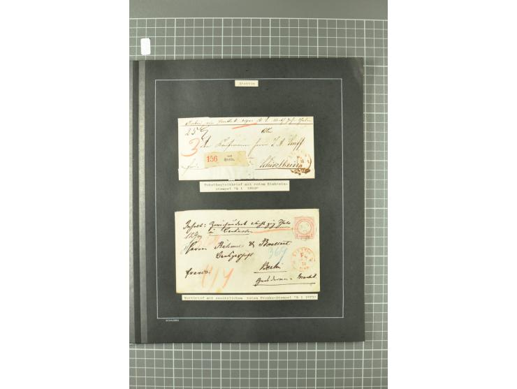 1867/77, FRANCO-Stempel Aachen bis Thorn, umfangreiche Sammlung mit ca. 350 Briefen und Karten in 3 Alben, dabei Teilbarfrank
