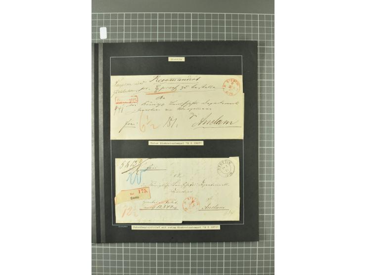 1867/77, FRANCO-Stempel Aachen bis Thorn, umfangreiche Sammlung mit ca. 350 Briefen und Karten in 3 Alben, dabei Teilbarfrank