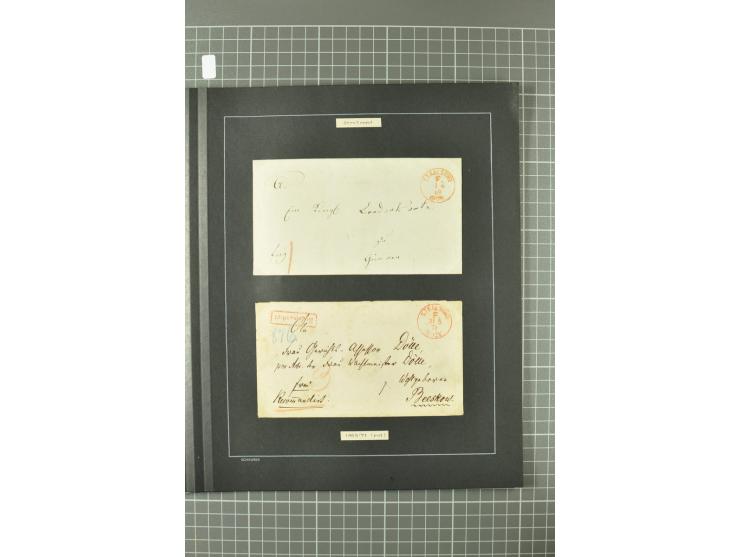 1867/77, FRANCO-Stempel Aachen bis Thorn, umfangreiche Sammlung mit ca. 350 Briefen und Karten in 3 Alben, dabei Teilbarfrank