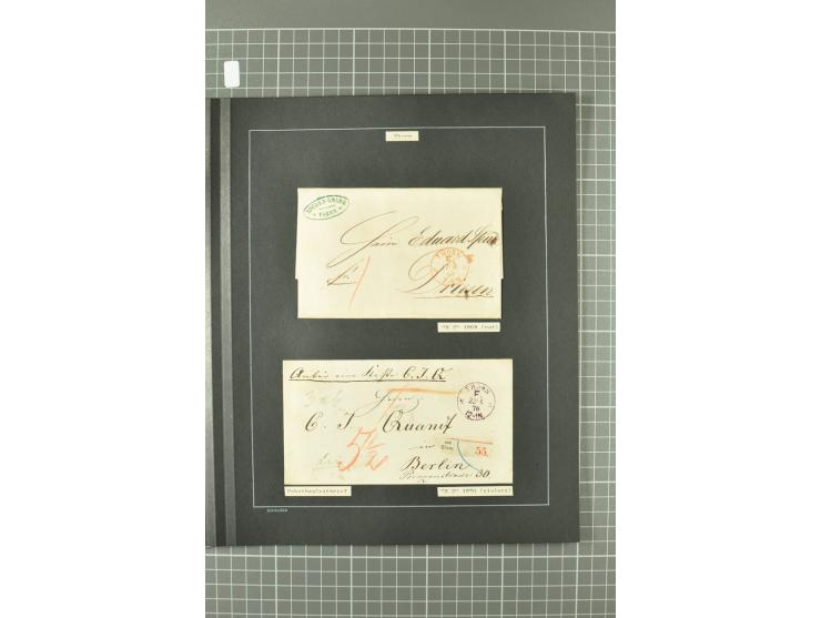 1867/77, FRANCO-Stempel Aachen bis Thorn, umfangreiche Sammlung mit ca. 350 Briefen und Karten in 3 Alben, dabei Teilbarfrank