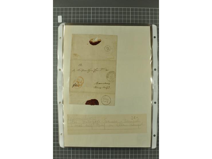1867/77, FRANCO-Stempel Aachen bis Thorn, umfangreiche Sammlung mit ca. 350 Briefen und Karten in 3 Alben, dabei Teilbarfrank