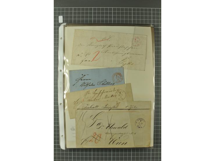 1867/77, FRANCO-Stempel Aachen bis Thorn, umfangreiche Sammlung mit ca. 350 Briefen und Karten in 3 Alben, dabei Teilbarfrank