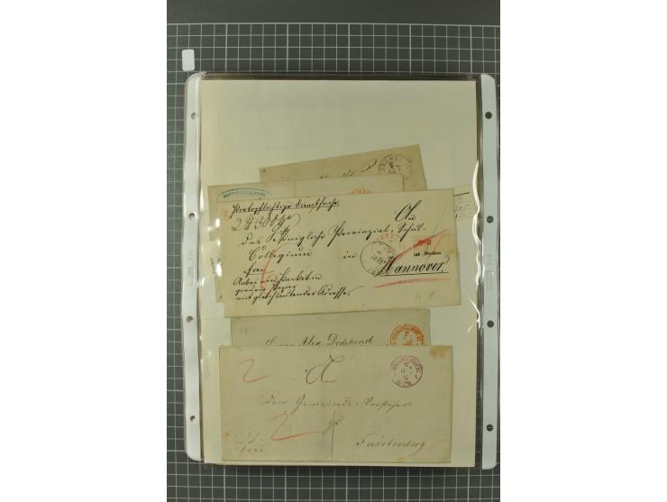 1867/77, FRANCO-Stempel Aachen bis Thorn, umfangreiche Sammlung mit ca. 350 Briefen und Karten in 3 Alben, dabei Teilbarfrank