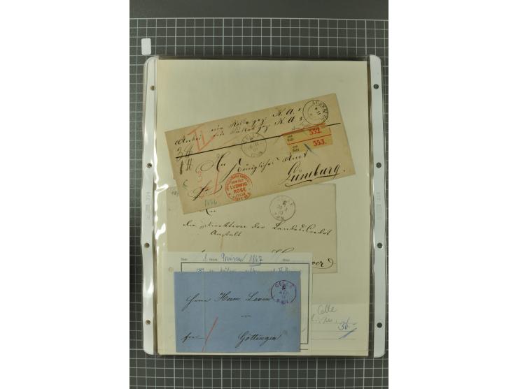1867/77, FRANCO-Stempel Aachen bis Thorn, umfangreiche Sammlung mit ca. 350 Briefen und Karten in 3 Alben, dabei Teilbarfrank