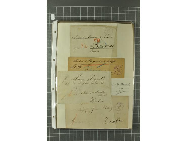 1867/77, FRANCO-Stempel Aachen bis Thorn, umfangreiche Sammlung mit ca. 350 Briefen und Karten in 3 Alben, dabei Teilbarfrank