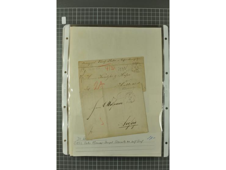 1867/77, FRANCO-Stempel Aachen bis Thorn, umfangreiche Sammlung mit ca. 350 Briefen und Karten in 3 Alben, dabei Teilbarfrank
