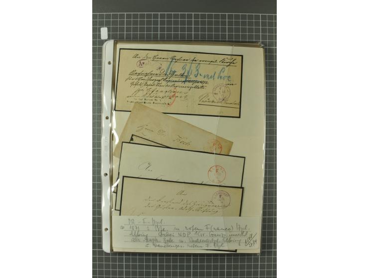 1867/77, FRANCO-Stempel Aachen bis Thorn, umfangreiche Sammlung mit ca. 350 Briefen und Karten in 3 Alben, dabei Teilbarfrank