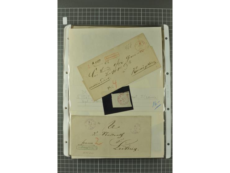 1867/77, FRANCO-Stempel Aachen bis Thorn, umfangreiche Sammlung mit ca. 350 Briefen und Karten in 3 Alben, dabei Teilbarfrank