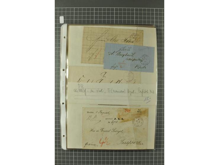 1867/77, FRANCO-Stempel Aachen bis Thorn, umfangreiche Sammlung mit ca. 350 Briefen und Karten in 3 Alben, dabei Teilbarfrank