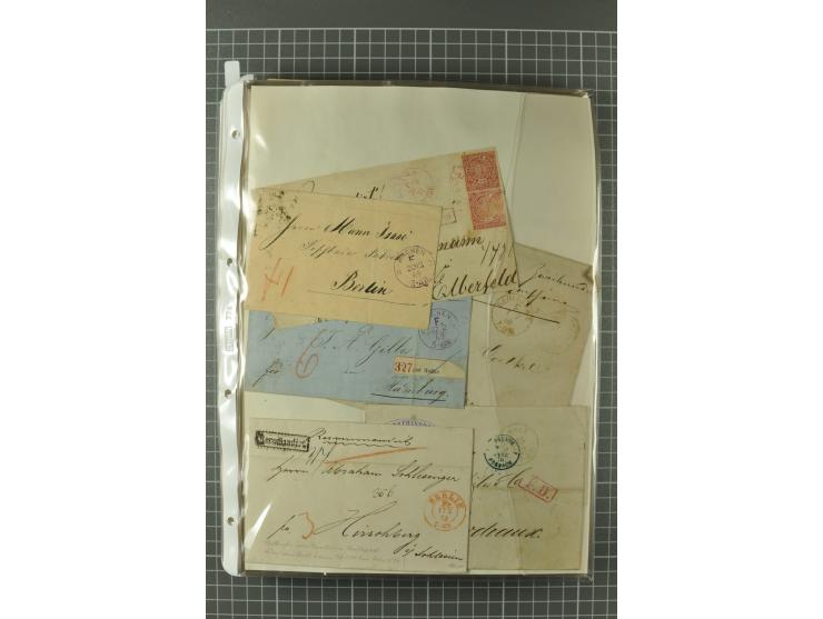 1867/77, FRANCO-Stempel Aachen bis Thorn, umfangreiche Sammlung mit ca. 350 Briefen und Karten in 3 Alben, dabei Teilbarfrank