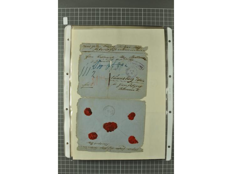 1867/77, FRANCO-Stempel Aachen bis Thorn, umfangreiche Sammlung mit ca. 350 Briefen und Karten in 3 Alben, dabei Teilbarfrank