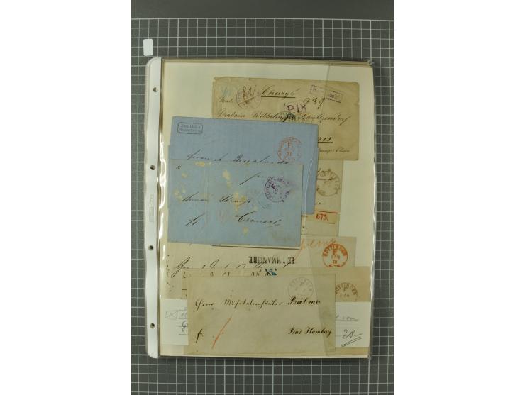 1867/77, FRANCO-Stempel Aachen bis Thorn, umfangreiche Sammlung mit ca. 350 Briefen und Karten in 3 Alben, dabei Teilbarfrank