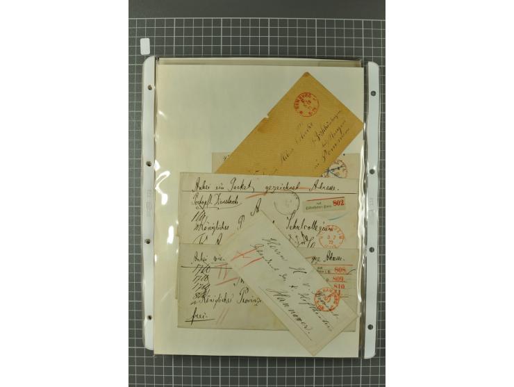 1867/77, FRANCO-Stempel Aachen bis Thorn, umfangreiche Sammlung mit ca. 350 Briefen und Karten in 3 Alben, dabei Teilbarfrank