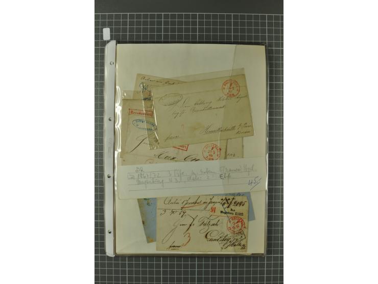 1867/77, FRANCO-Stempel Aachen bis Thorn, umfangreiche Sammlung mit ca. 350 Briefen und Karten in 3 Alben, dabei Teilbarfrank