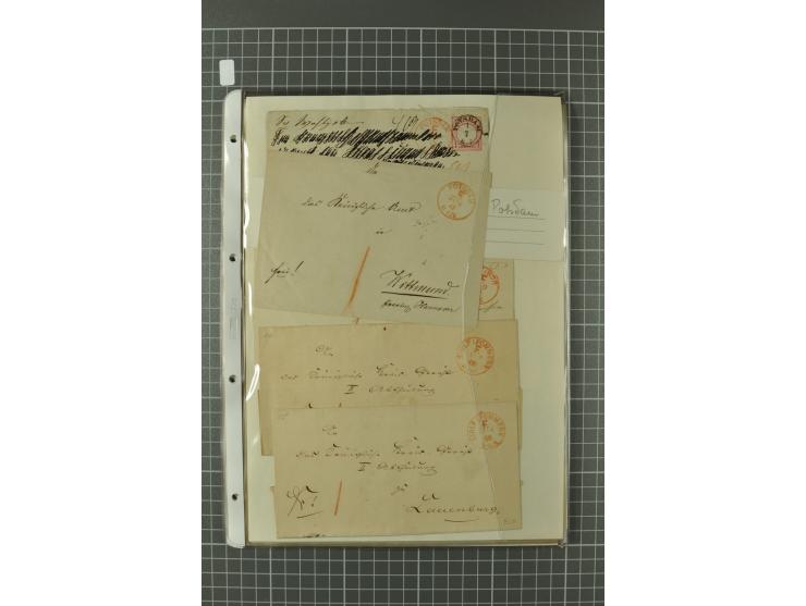1867/77, FRANCO-Stempel Aachen bis Thorn, umfangreiche Sammlung mit ca. 350 Briefen und Karten in 3 Alben, dabei Teilbarfrank