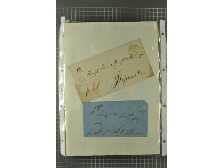 1867/77, FRANCO-Stempel Aachen bis Thorn, umfangreiche Sammlung mit ca. 350 Briefen und Karten in 3 Alben, dabei Teilbarfrank