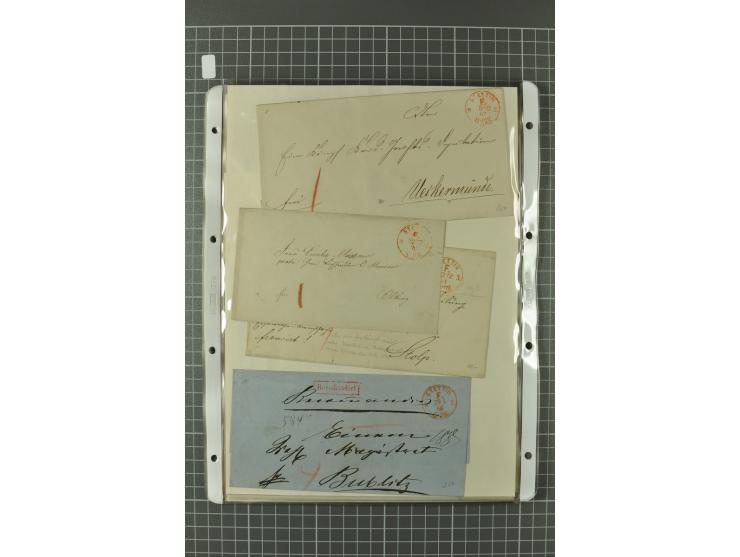 1867/77, FRANCO-Stempel Aachen bis Thorn, umfangreiche Sammlung mit ca. 350 Briefen und Karten in 3 Alben, dabei Teilbarfrank