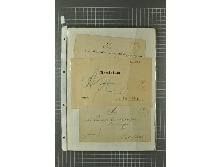 1867/77, FRANCO-Stempel Aachen bis Thorn, umfangreiche Sammlung mit ca. 350 Briefen und Karten in 3 Alben, dabei Teilbarfrank