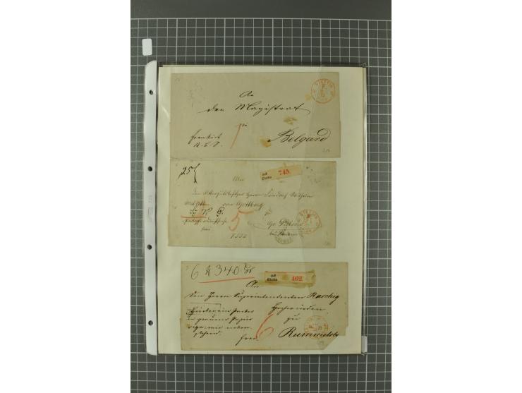 1867/77, FRANCO-Stempel Aachen bis Thorn, umfangreiche Sammlung mit ca. 350 Briefen und Karten in 3 Alben, dabei Teilbarfrank