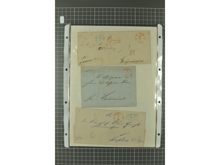 1867/77, FRANCO-Stempel Aachen bis Thorn, umfangreiche Sammlung mit ca. 350 Briefen und Karten in 3 Alben, dabei Teilbarfrank
