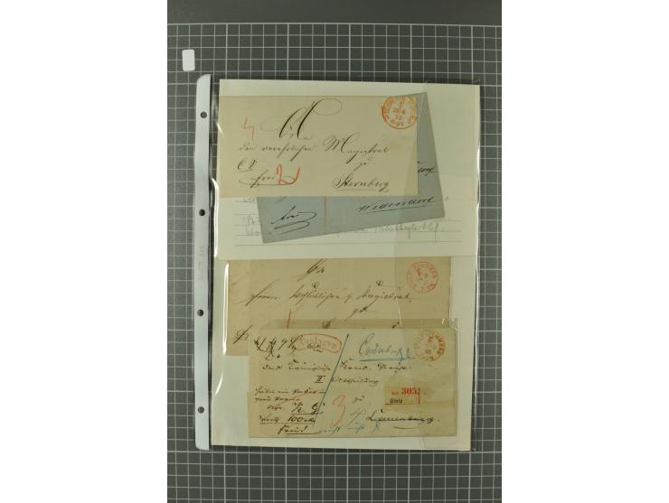 1867/77, FRANCO-Stempel Aachen bis Thorn, umfangreiche Sammlung mit ca. 350 Briefen und Karten in 3 Alben, dabei Teilbarfrank