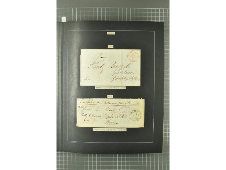 1867/77, FRANCO-Stempel Aachen bis Thorn, umfangreiche Sammlung mit ca. 350 Briefen und Karten in 3 Alben, dabei Teilbarfrank