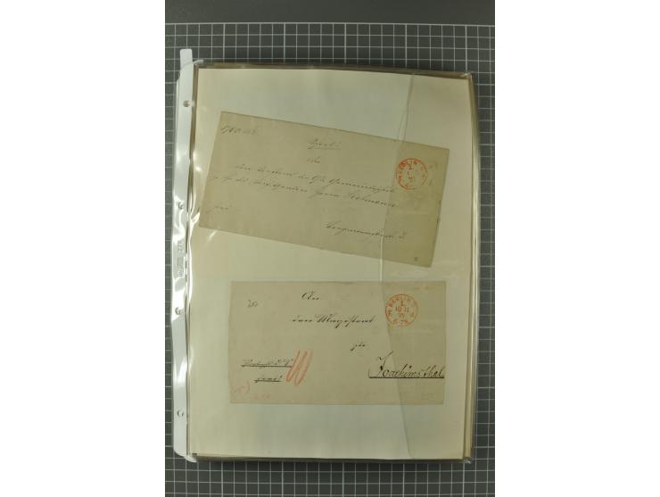 1867/77, FRANCO-Stempel Aachen bis Thorn, umfangreiche Sammlung mit ca. 350 Briefen und Karten in 3 Alben, dabei Teilbarfrank