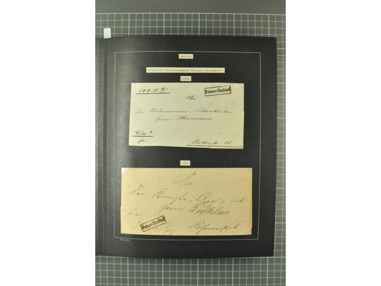 1867/77, FRANCO-Stempel Aachen bis Thorn, umfangreiche Sammlung mit ca. 350 Briefen und Karten in 3 Alben, dabei Teilbarfrank