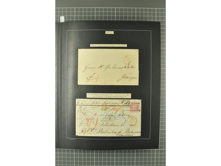 1867/77, FRANCO-Stempel Aachen bis Thorn, umfangreiche Sammlung mit ca. 350 Briefen und Karten in 3 Alben, dabei Teilbarfrank