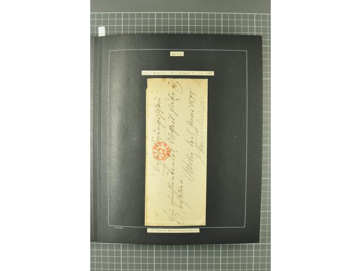 1867/77, FRANCO-Stempel Aachen bis Thorn, umfangreiche Sammlung mit ca. 350 Briefen und Karten in 3 Alben, dabei Teilbarfrank