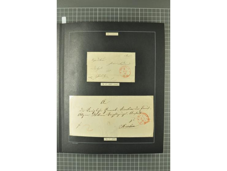 1867/77, FRANCO-Stempel Aachen bis Thorn, umfangreiche Sammlung mit ca. 350 Briefen und Karten in 3 Alben, dabei Teilbarfrank