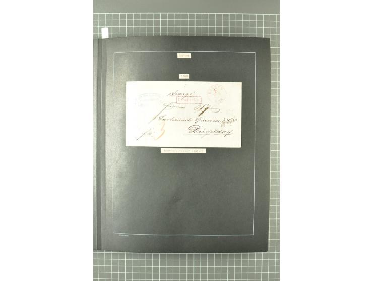1867/77, FRANCO-Stempel Aachen bis Thorn, umfangreiche Sammlung mit ca. 350 Briefen und Karten in 3 Alben, dabei Teilbarfrank