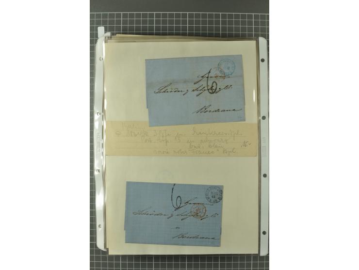 1867/77, FRANCO-Stempel Aachen bis Thorn, umfangreiche Sammlung mit ca. 350 Briefen und Karten in 3 Alben, dabei Teilbarfrank