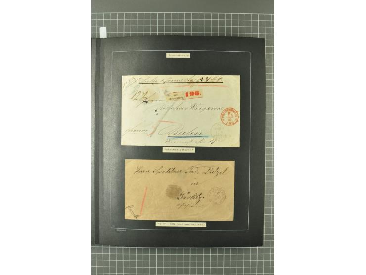 1867/77, FRANCO-Stempel Aachen bis Thorn, umfangreiche Sammlung mit ca. 350 Briefen und Karten in 3 Alben, dabei Teilbarfrank