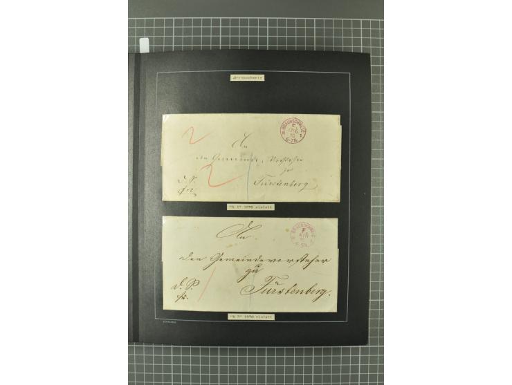 1867/77, FRANCO-Stempel Aachen bis Thorn, umfangreiche Sammlung mit ca. 350 Briefen und Karten in 3 Alben, dabei Teilbarfrank