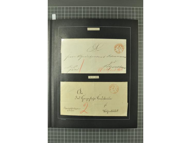 1867/77, FRANCO-Stempel Aachen bis Thorn, umfangreiche Sammlung mit ca. 350 Briefen und Karten in 3 Alben, dabei Teilbarfrank