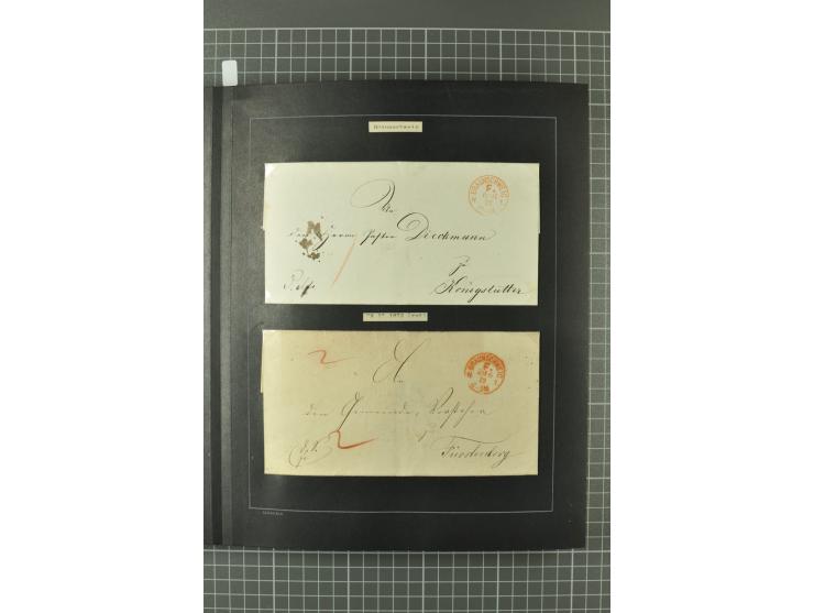 1867/77, FRANCO-Stempel Aachen bis Thorn, umfangreiche Sammlung mit ca. 350 Briefen und Karten in 3 Alben, dabei Teilbarfrank