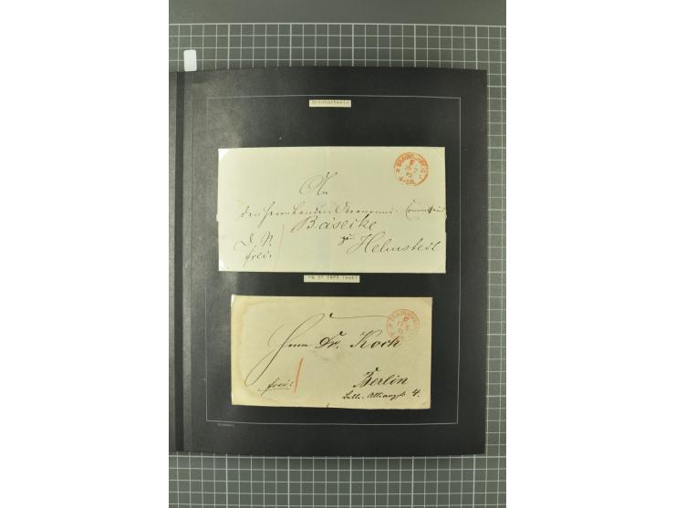 1867/77, FRANCO-Stempel Aachen bis Thorn, umfangreiche Sammlung mit ca. 350 Briefen und Karten in 3 Alben, dabei Teilbarfrank