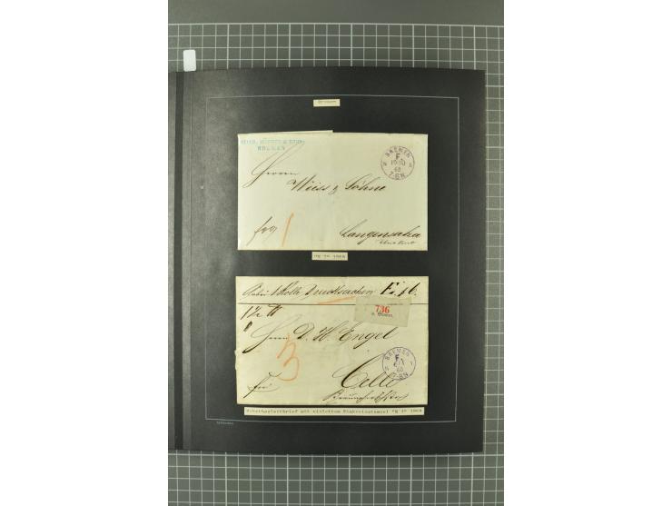 1867/77, FRANCO-Stempel Aachen bis Thorn, umfangreiche Sammlung mit ca. 350 Briefen und Karten in 3 Alben, dabei Teilbarfrank
