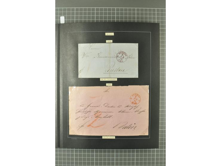 1867/77, FRANCO-Stempel Aachen bis Thorn, umfangreiche Sammlung mit ca. 350 Briefen und Karten in 3 Alben, dabei Teilbarfrank