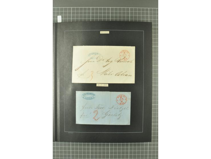 1867/77, FRANCO-Stempel Aachen bis Thorn, umfangreiche Sammlung mit ca. 350 Briefen und Karten in 3 Alben, dabei Teilbarfrank
