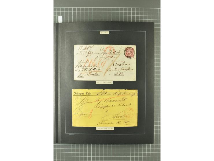 1867/77, FRANCO-Stempel Aachen bis Thorn, umfangreiche Sammlung mit ca. 350 Briefen und Karten in 3 Alben, dabei Teilbarfrank