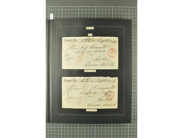 1867/77, FRANCO-Stempel Aachen bis Thorn, umfangreiche Sammlung mit ca. 350 Briefen und Karten in 3 Alben, dabei Teilbarfrank
