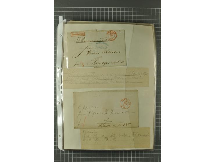 1867/77, FRANCO-Stempel Aachen bis Thorn, umfangreiche Sammlung mit ca. 350 Briefen und Karten in 3 Alben, dabei Teilbarfrank