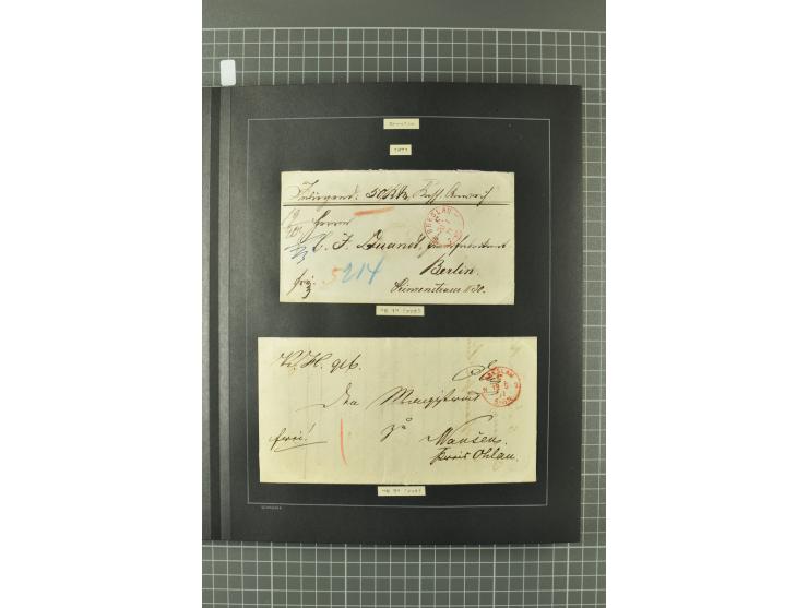1867/77, FRANCO-Stempel Aachen bis Thorn, umfangreiche Sammlung mit ca. 350 Briefen und Karten in 3 Alben, dabei Teilbarfrank