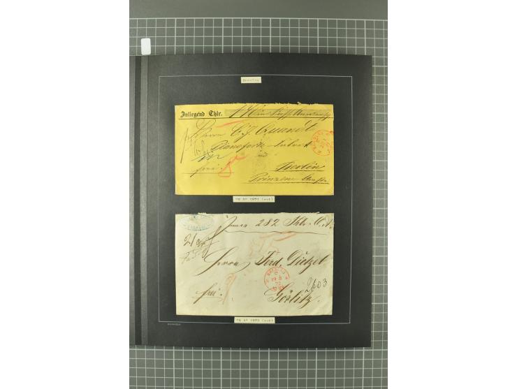 1867/77, FRANCO-Stempel Aachen bis Thorn, umfangreiche Sammlung mit ca. 350 Briefen und Karten in 3 Alben, dabei Teilbarfrank