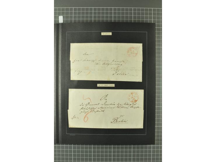 1867/77, FRANCO-Stempel Aachen bis Thorn, umfangreiche Sammlung mit ca. 350 Briefen und Karten in 3 Alben, dabei Teilbarfrank