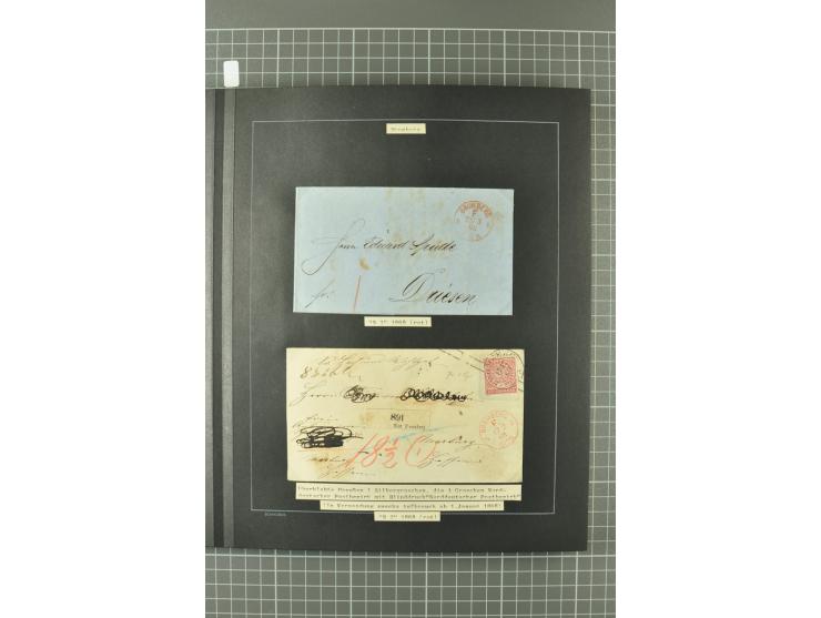 1867/77, FRANCO-Stempel Aachen bis Thorn, umfangreiche Sammlung mit ca. 350 Briefen und Karten in 3 Alben, dabei Teilbarfrank